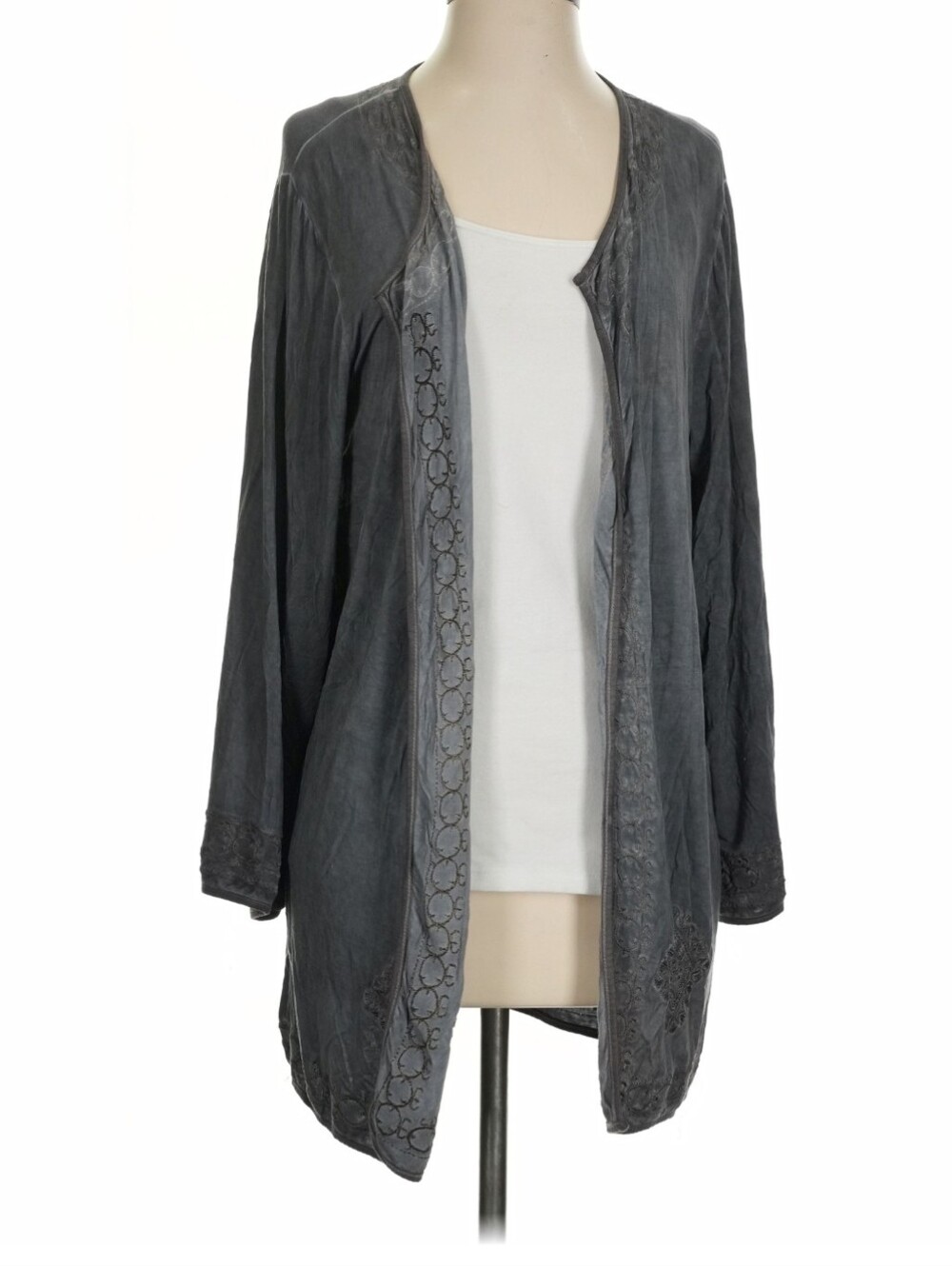 POL Sheer Gray Cardigan Kimono Embroidered Small